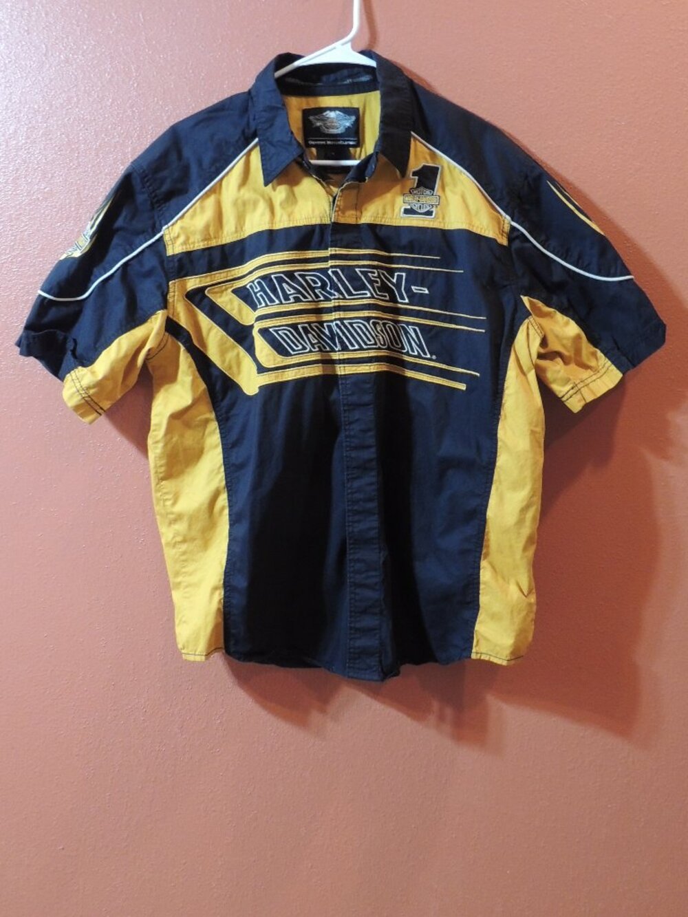 Harley Davidson Shirt Men Large Black Orange Button Down Short Sleeve Shirt